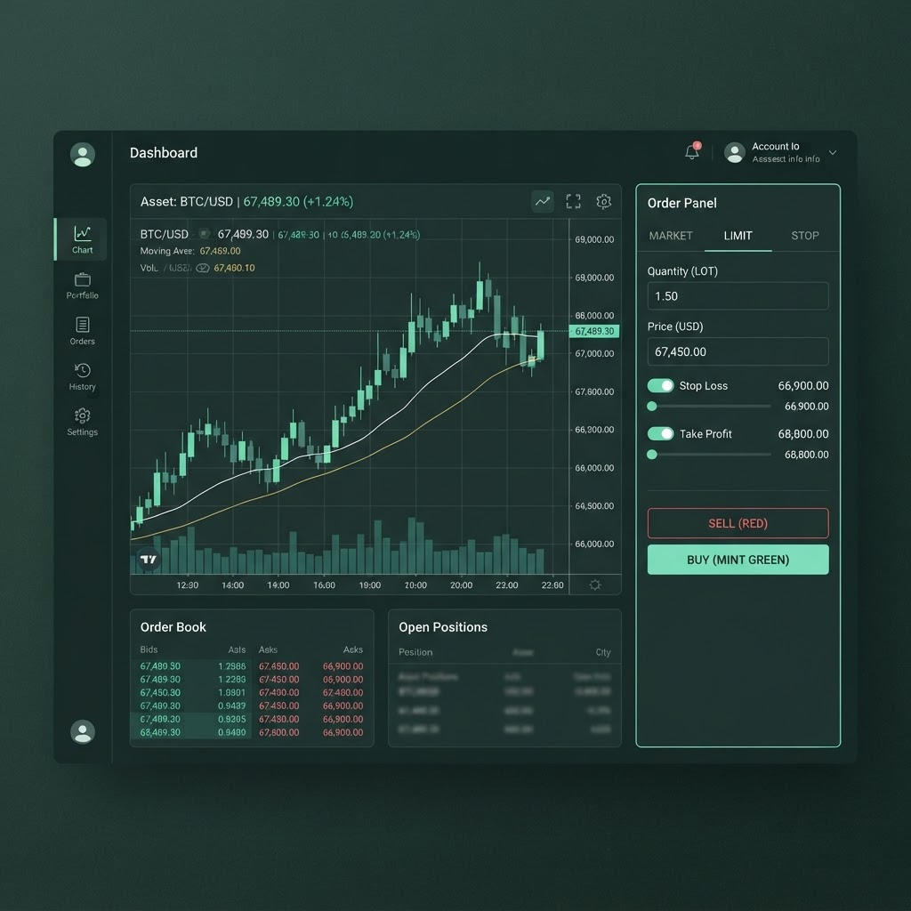 Trading terminal with candlestick chart and order panel showing Stop Loss and Take Profit